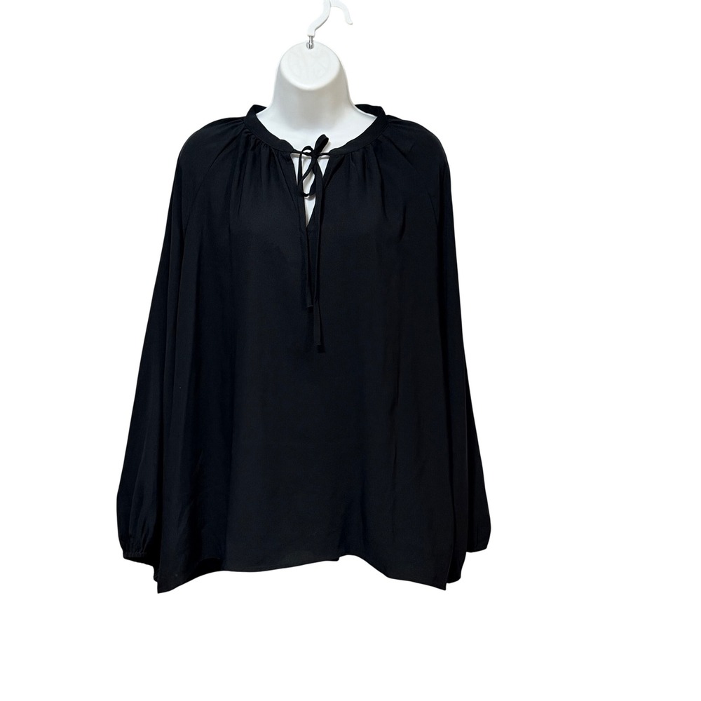 Ann Taylor Womens XL Black Tie Neck Peasant Blouse Long Raglan Sleeve Top